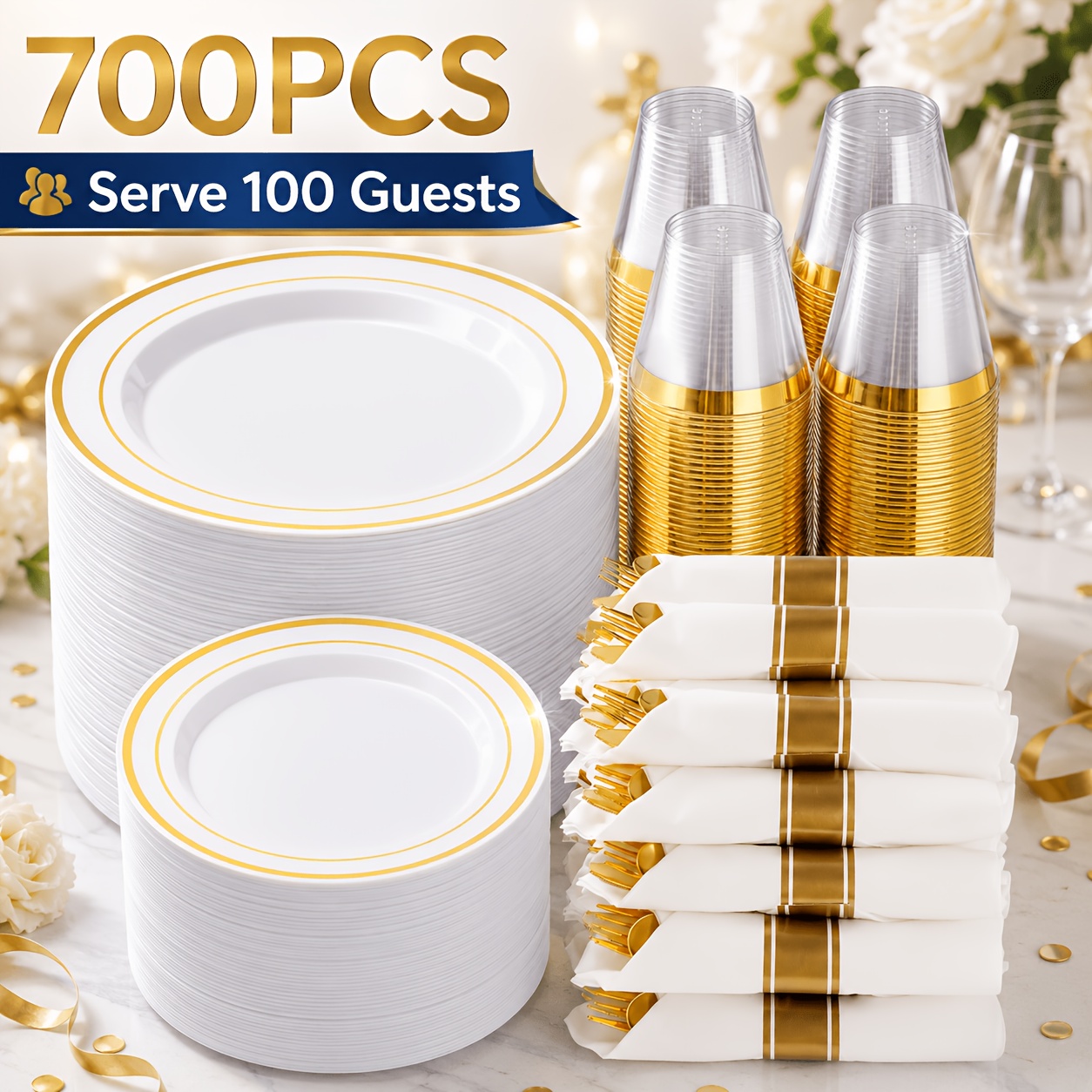 Napkin Folding Set - 700-Piece Elegant Golden-Trimmed Disposable Dinnerware Set