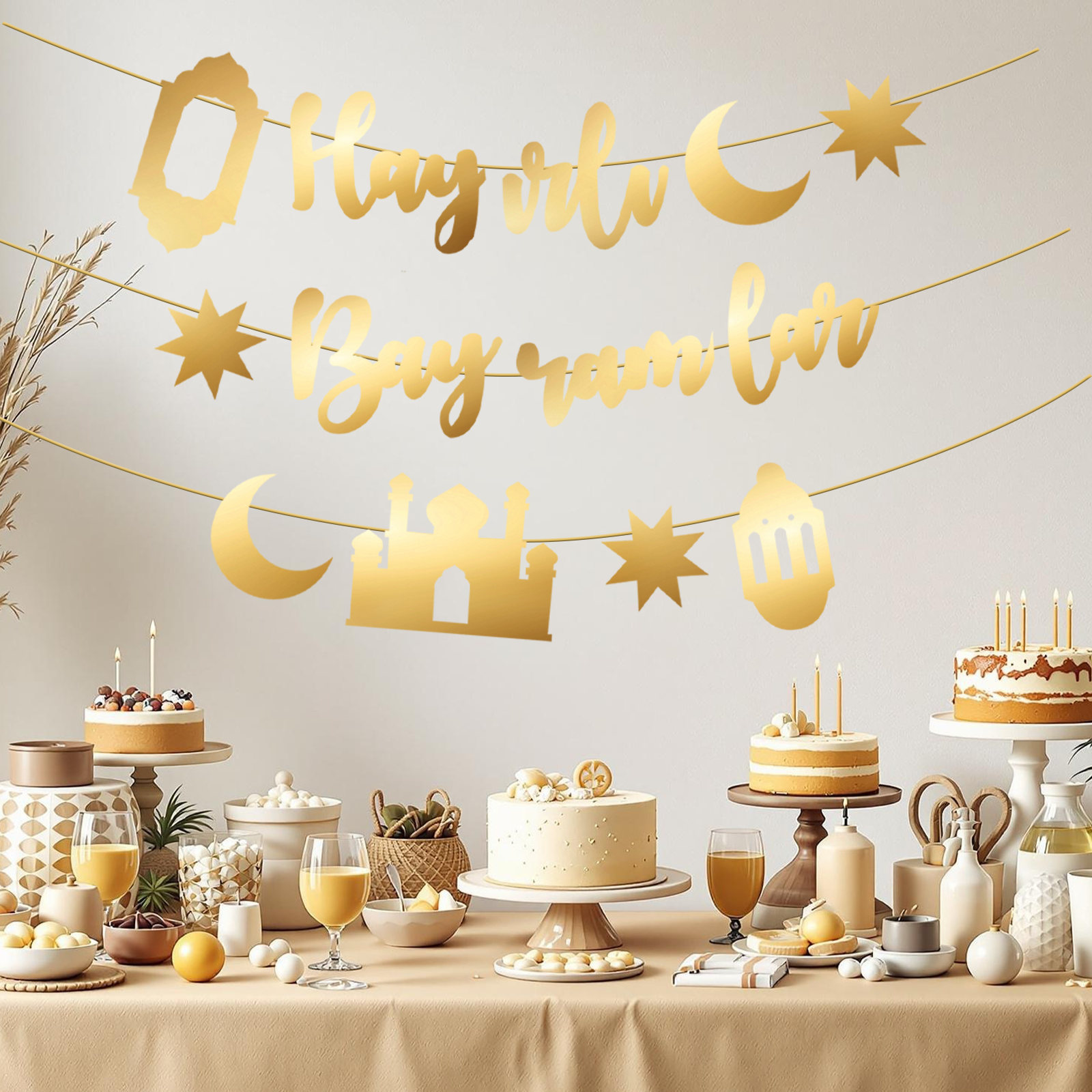 Hayirli Bayramlar Garland Deco - Party Banner Gold avaliação e preço